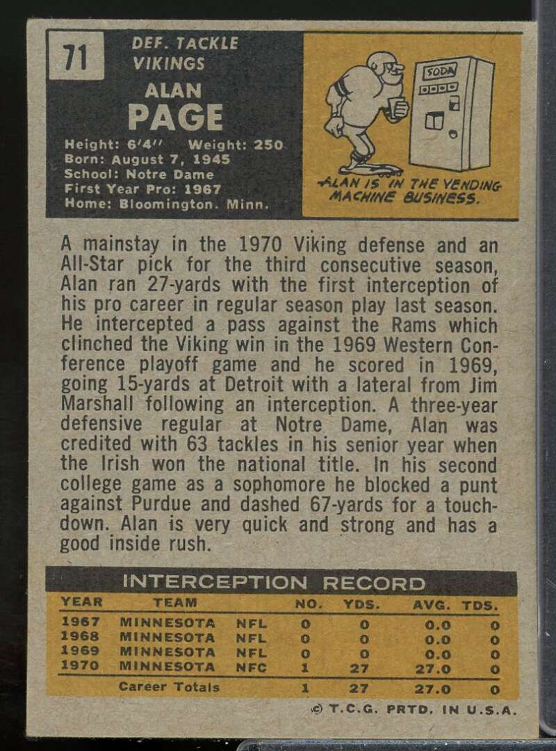 Alan Page Card 1971 Topps #71  Image 2
