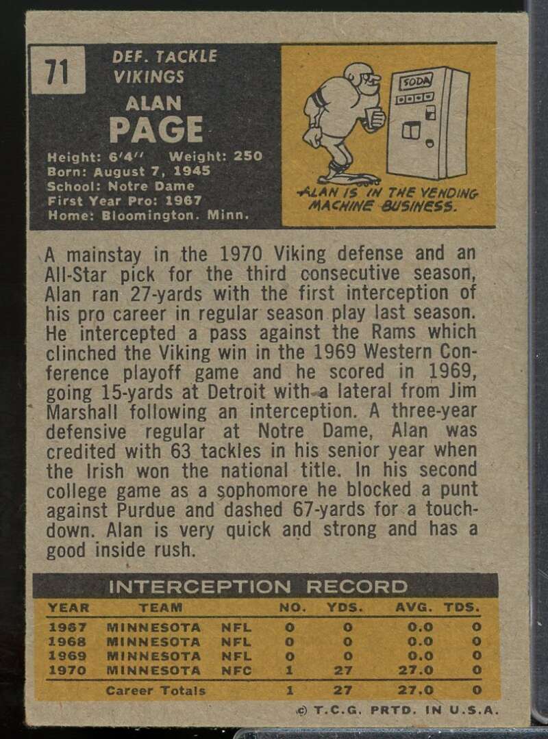 Alan Page Card 1971 Topps #71  Image 2