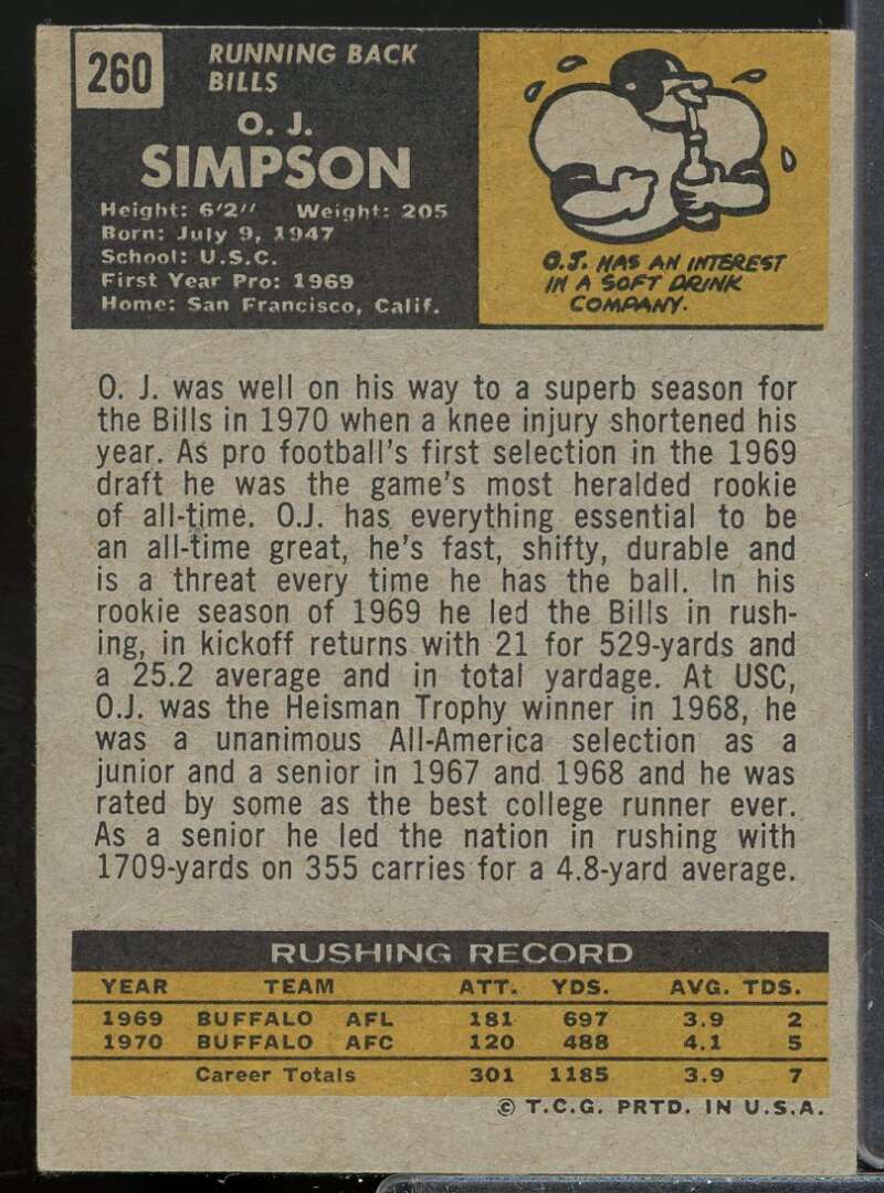 O.J.Simpson Card 1971 Topps #260  Image 2