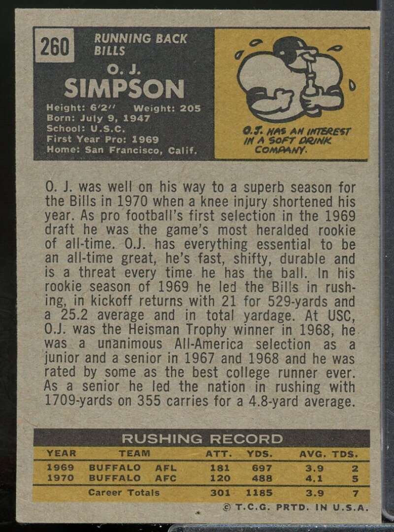 O.J.Simpson Card 1971 Topps #260  Image 2