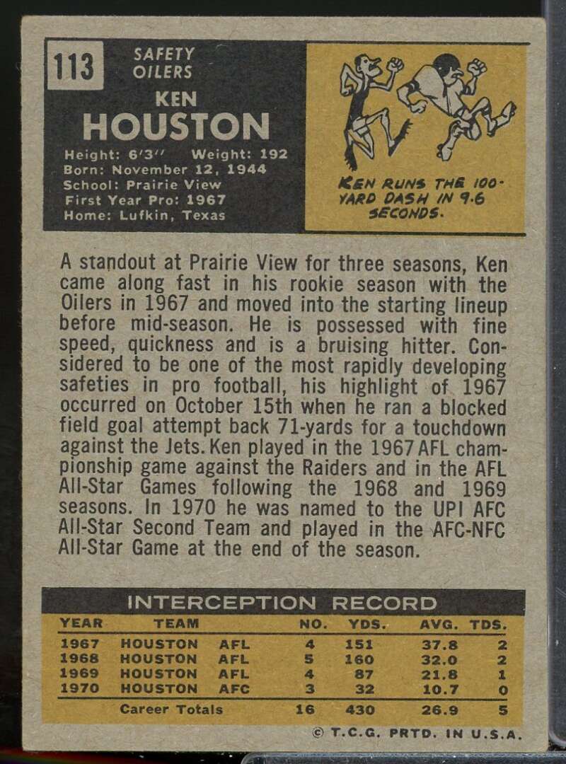 Ken Houston Rookie Card 1971 Topps #113  Image 2