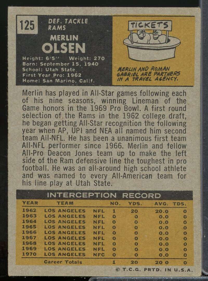 Merlin Olsen Card 1971 Topps #125  Image 2