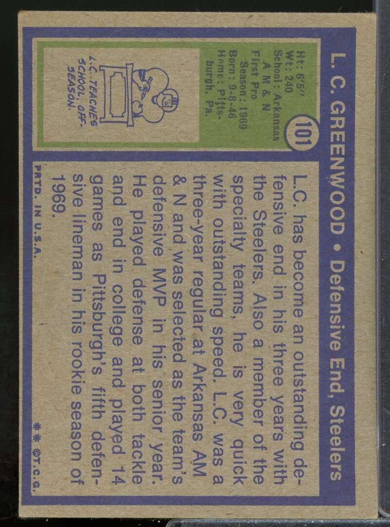 L.C. Greenwood Rookie Card 1972 Topps #101  Image 2