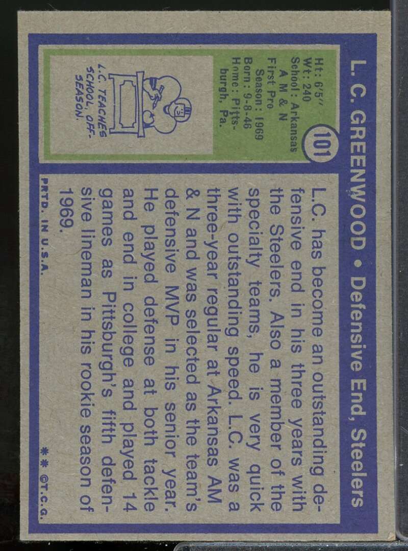 L.C. Greenwood Rookie Card 1972 Topps #101  Image 2