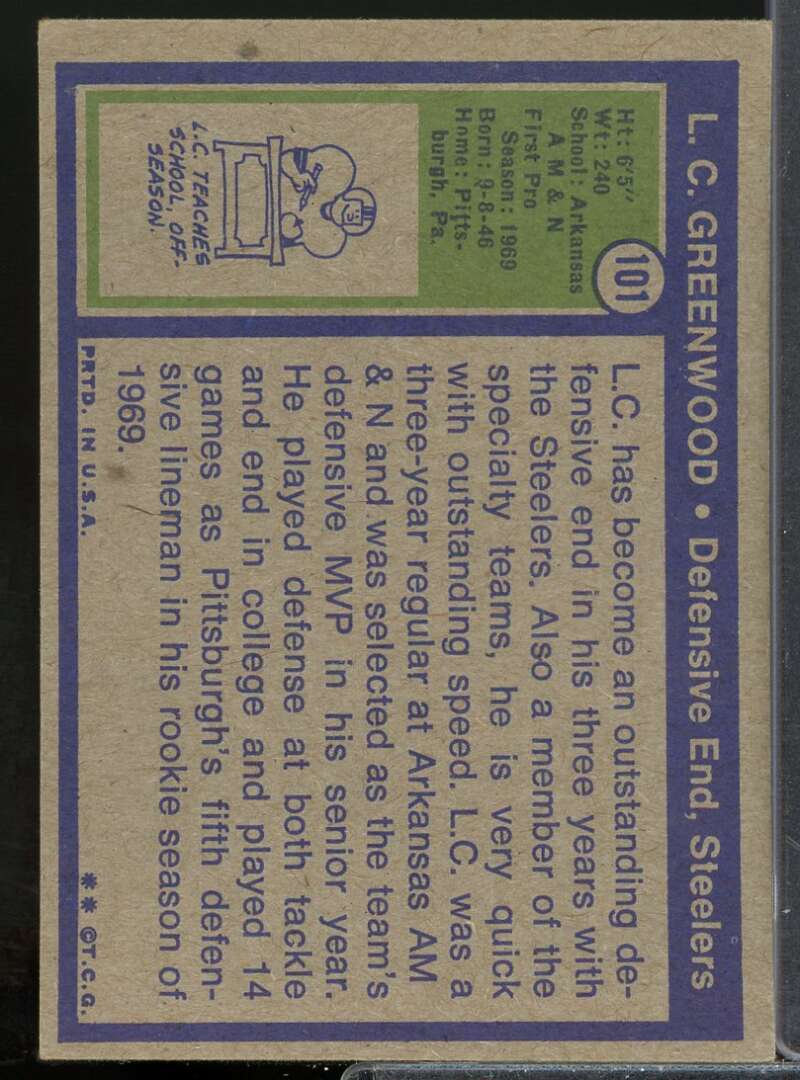 L.C. Greenwood Rookie Card 1972 Topps #101  Image 2