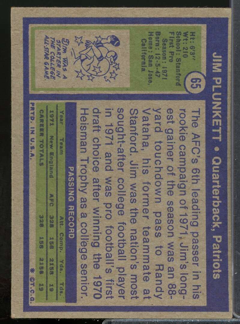 Jim Plunkett Rookie Card 1972 Topps #65  Image 2