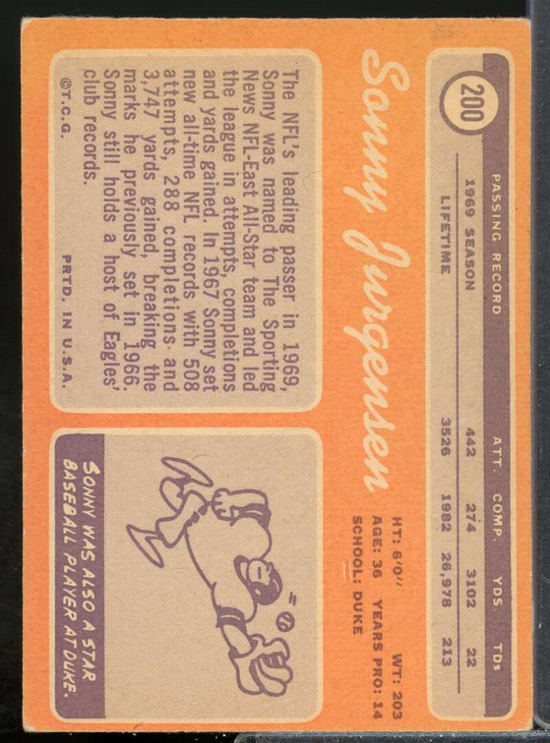 Sonny Jurgensen Card 1970 Topps #200  Image 2