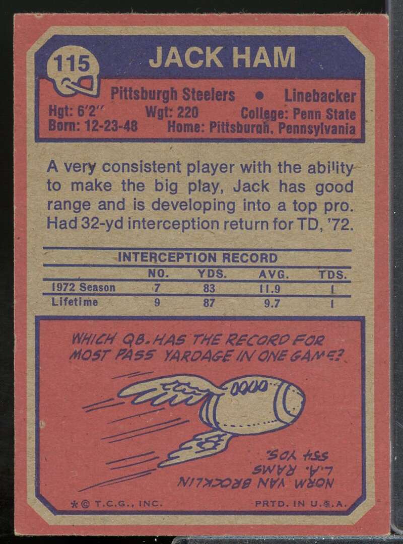 Jack Ham Rookie Card 1973 Topps #115  Image 2