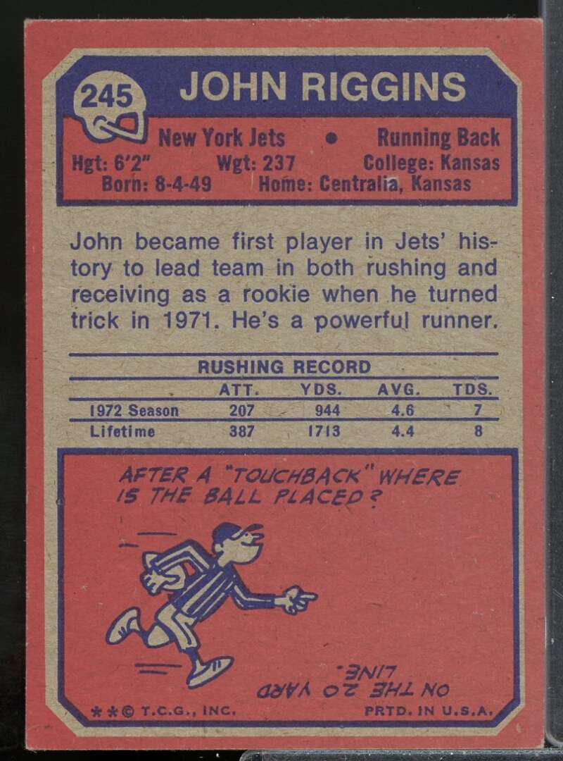 John Riggins Card 1973 Topps #245  Image 2