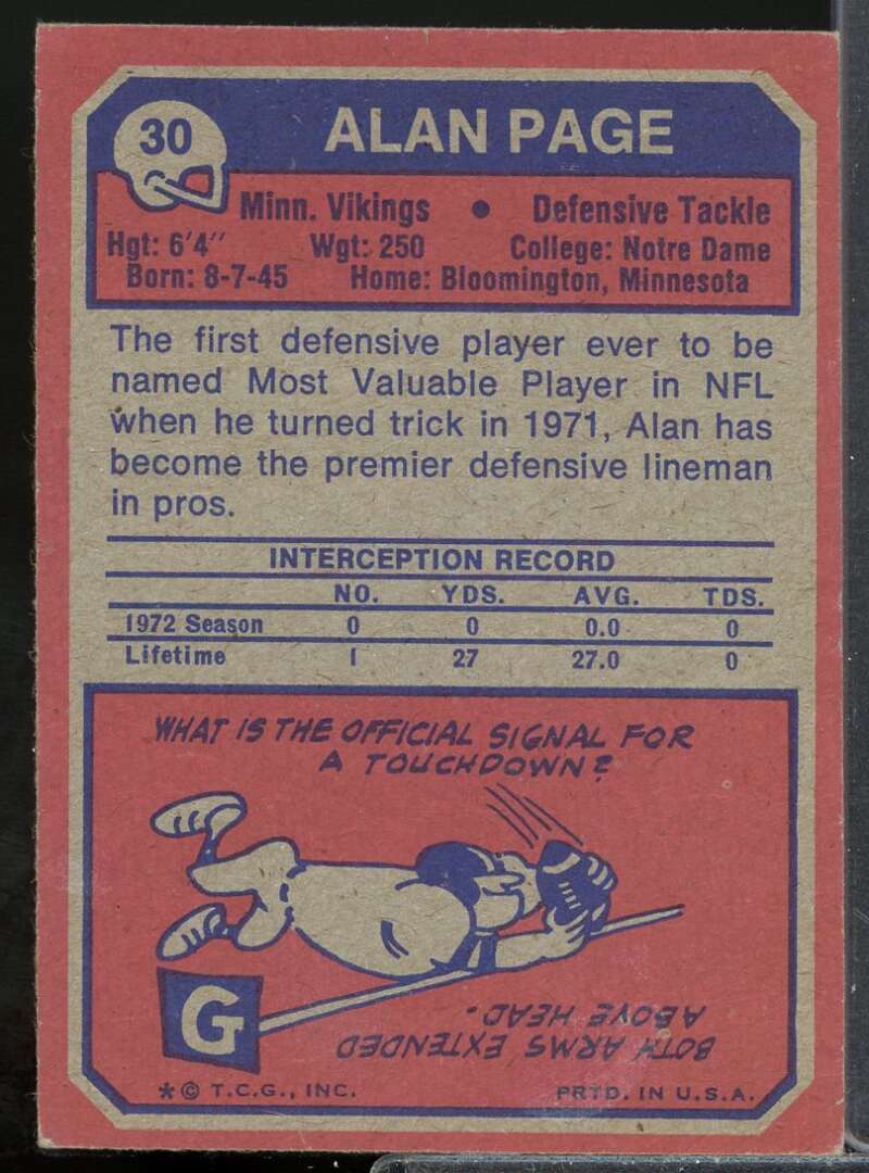 Alan Page Card 1973 Topps #30  Image 2