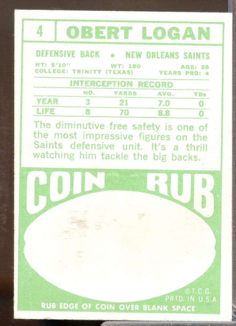 Obert Logan Card 1968 Topps #4  Image 2