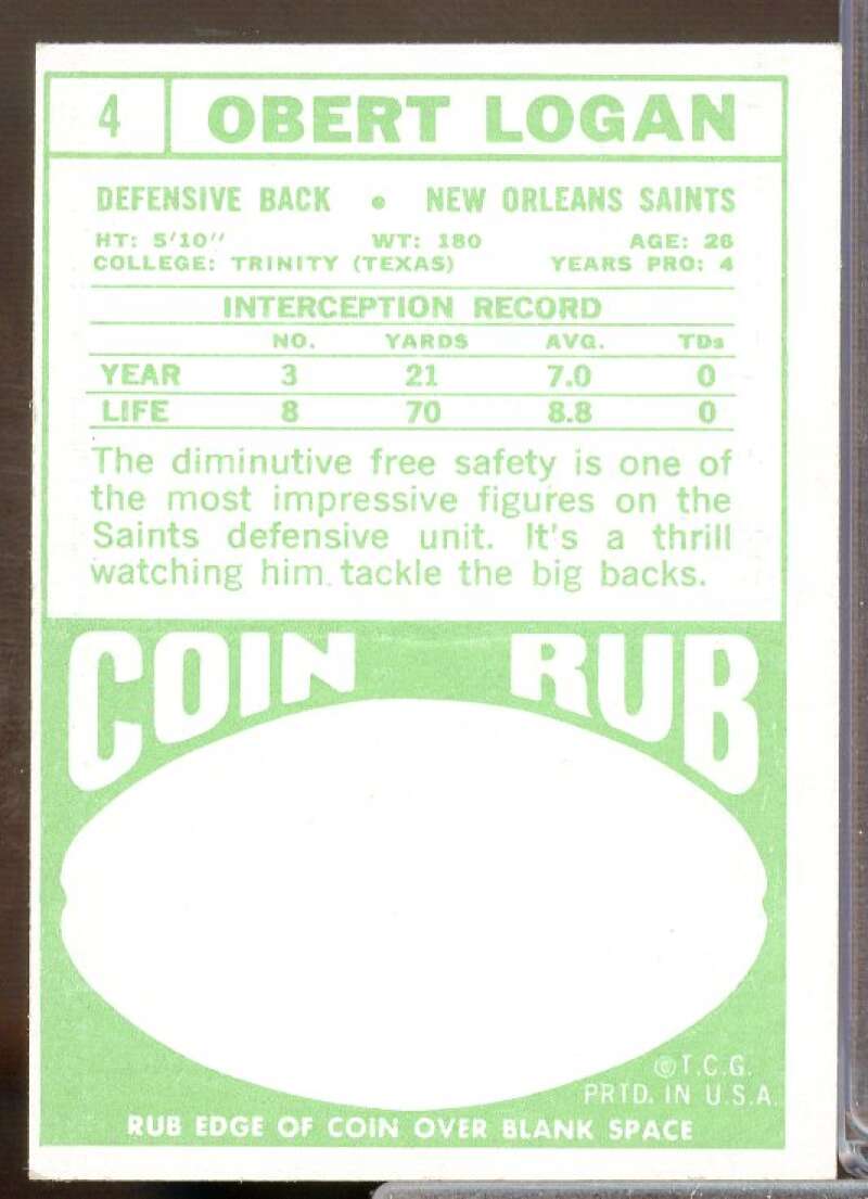 Obert Logan Card 1968 Topps #4  Image 2