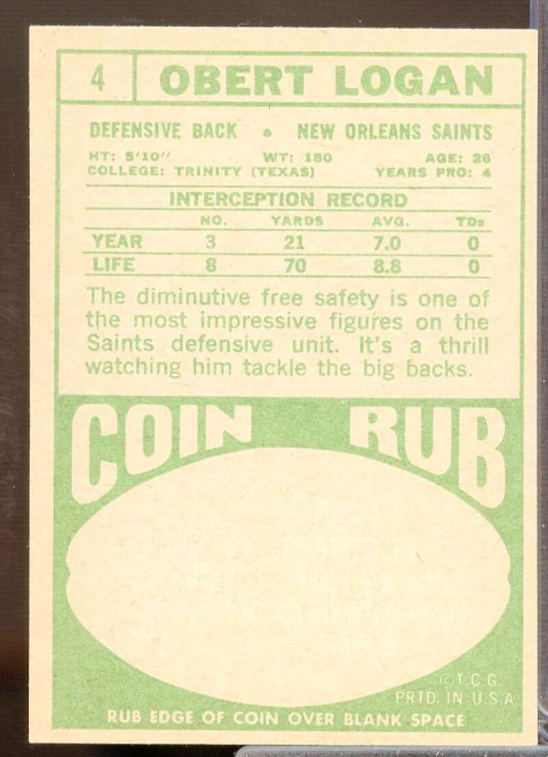 Obert Logan Card 1968 Topps #4  Image 2