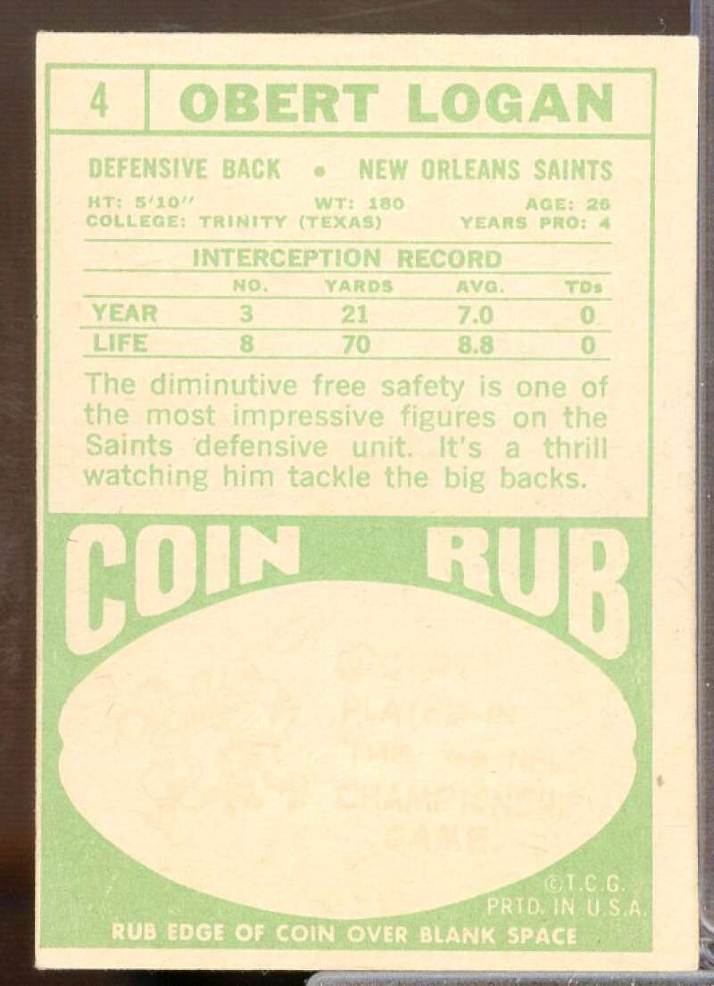 Obert Logan Card 1968 Topps #4  Image 2