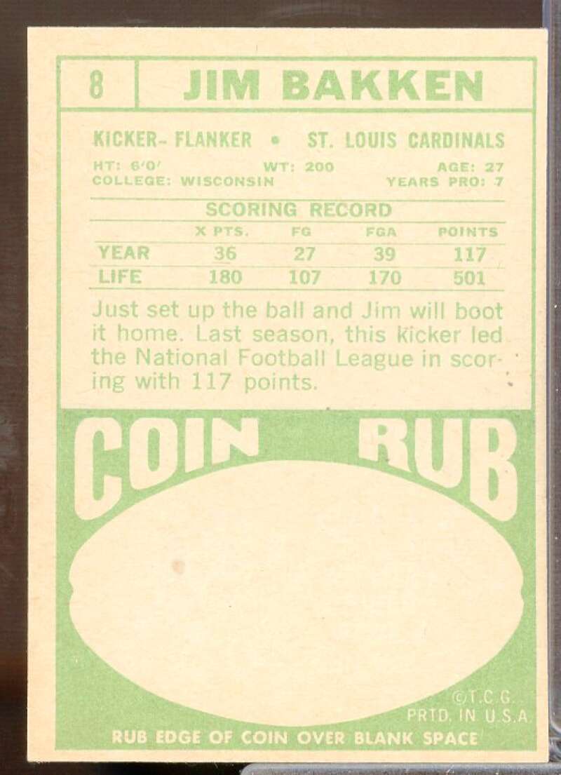 Jim Bakken Card 1968 Topps #8  Image 2