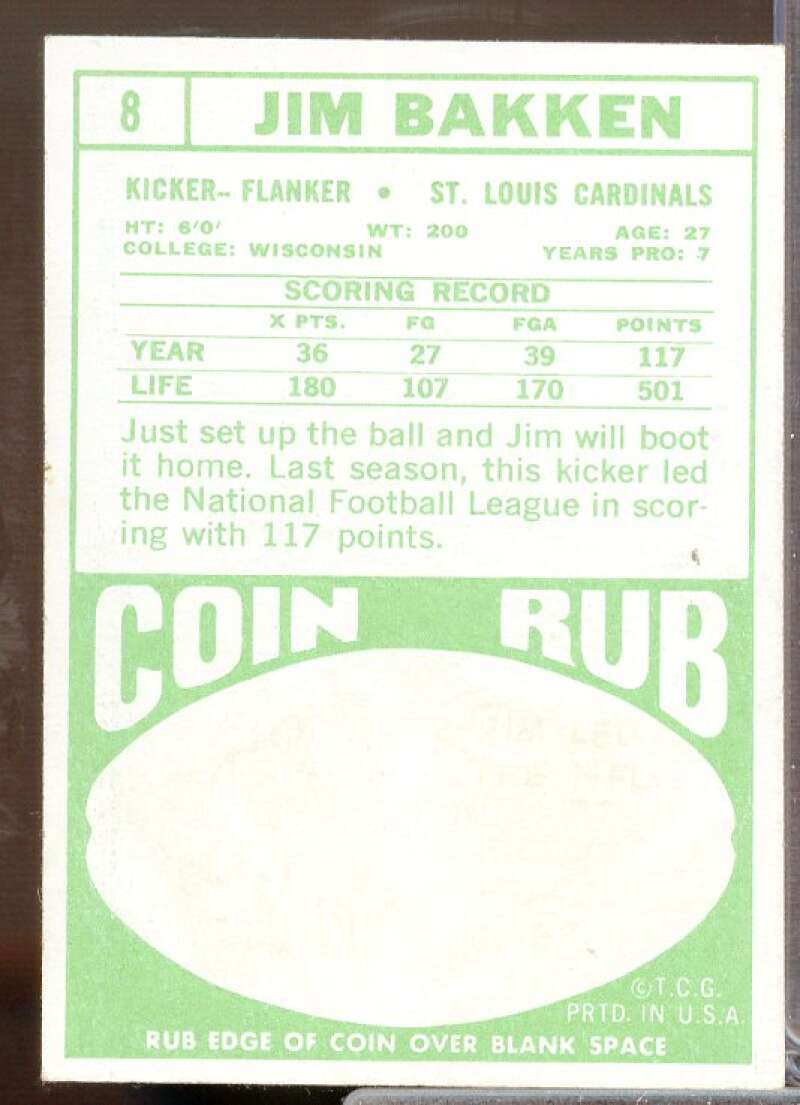 Jim Bakken Card 1968 Topps #8  Image 2