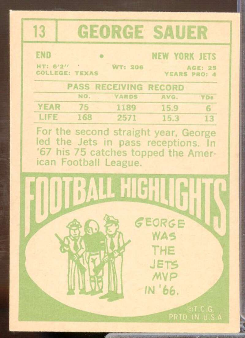 George Sauer Jr. Card 1968 Topps #13  Image 2