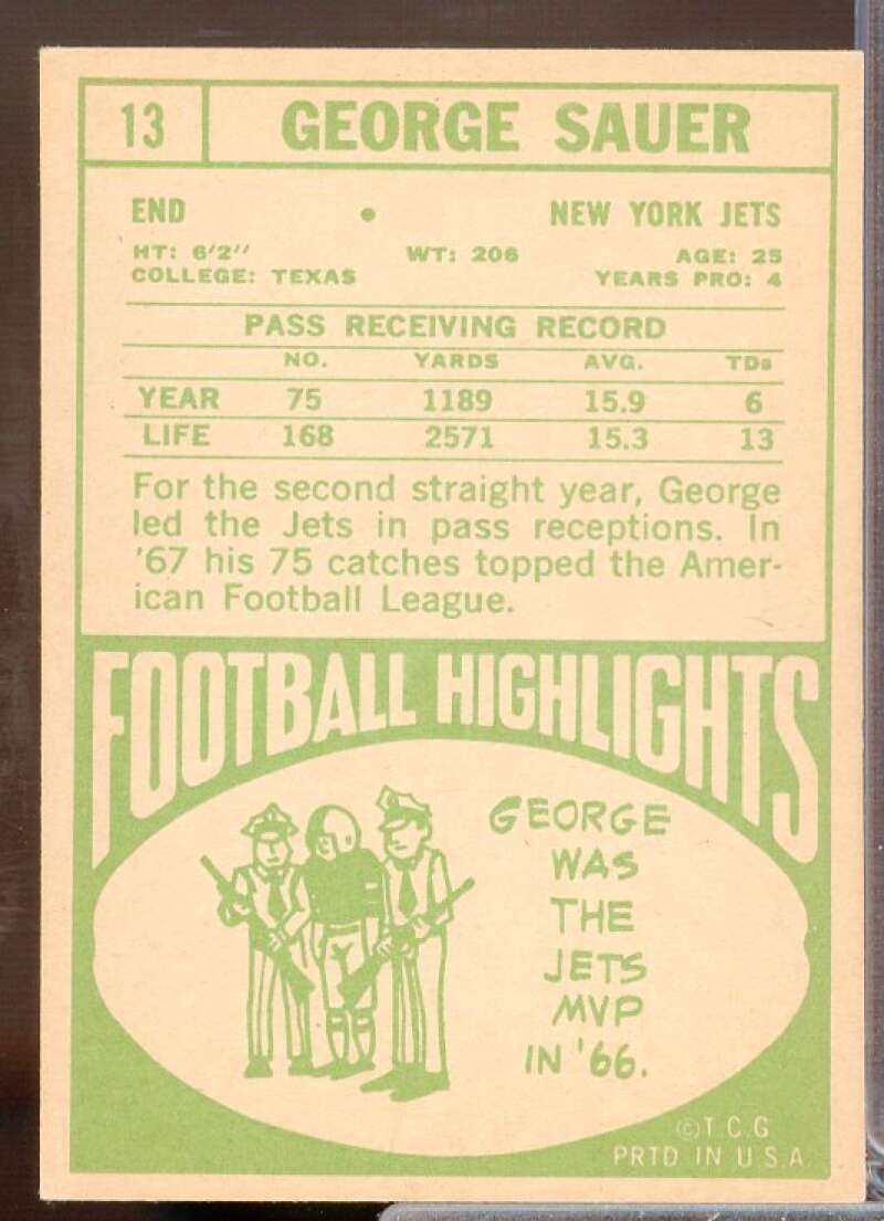 George Sauer Jr. Card 1968 Topps #13  Image 2