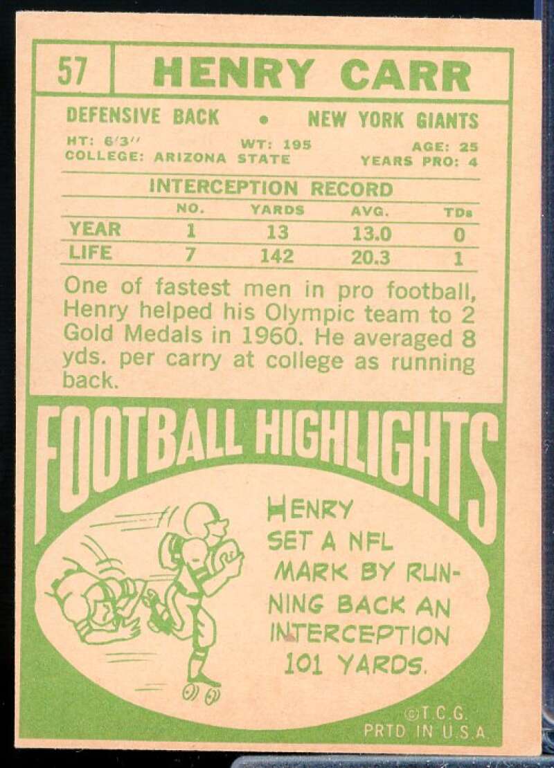 Henry Carr Card 1968 Topps #57  Image 2