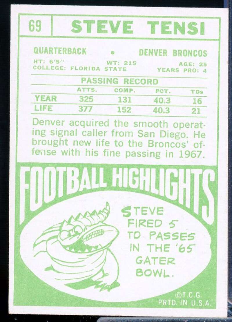Steve Tensi Card 1968 Topps #69  Image 2