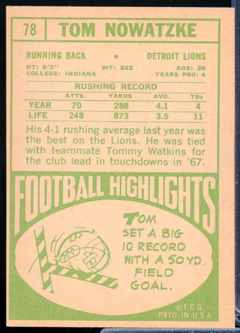 Tom Nowatzke Card 1968 Topps #78  Image 2