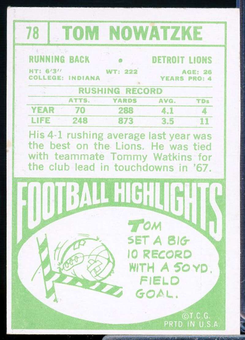 Tom Nowatzke Card 1968 Topps #78  Image 2