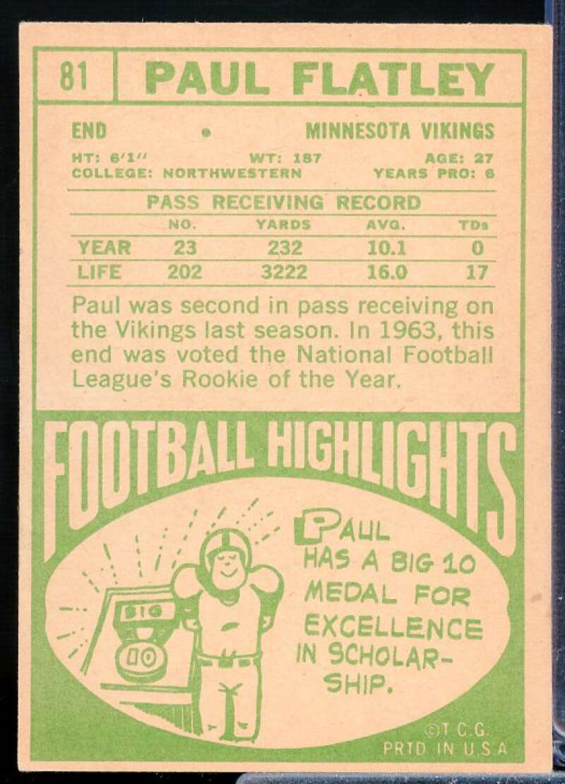 Paul Flatley Card 1968 Topps #81  Image 2