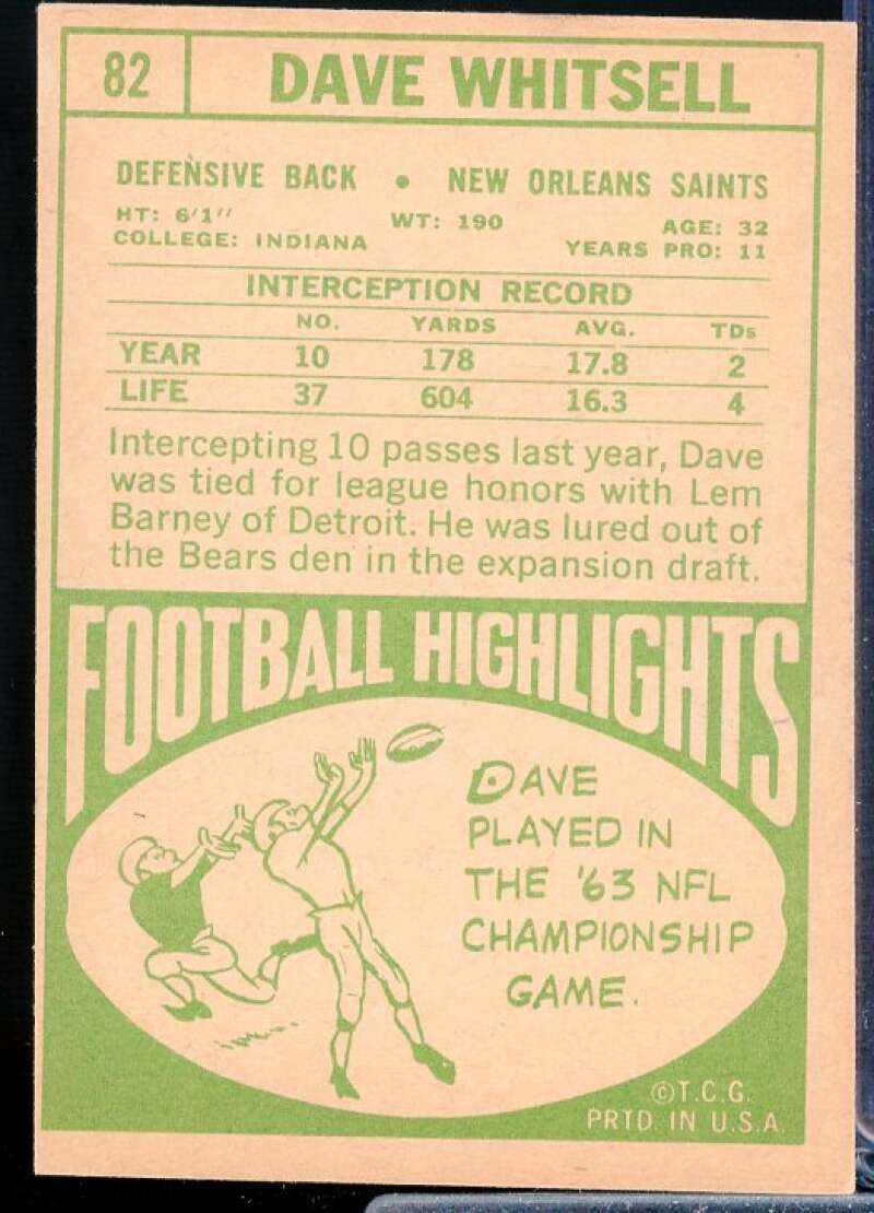 Dave Whitsell Card 1968 Topps #82  Image 2