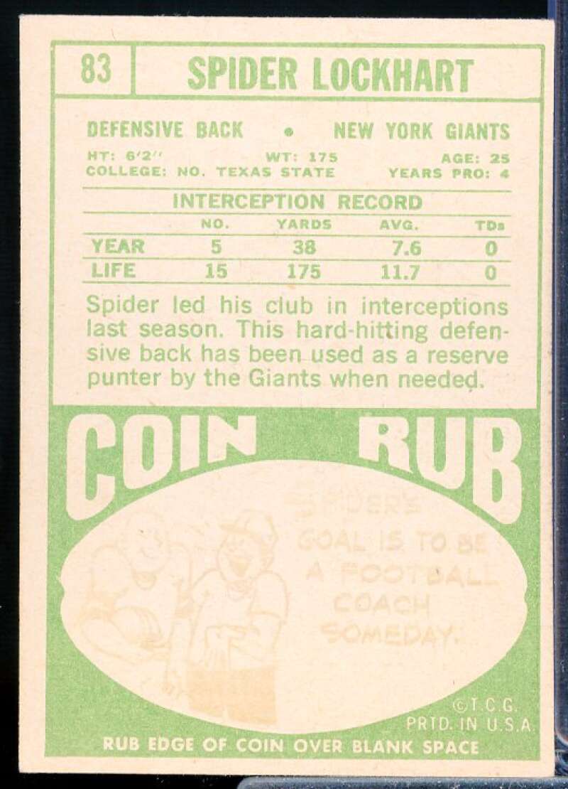 Spider Lockhart Card 1968 Topps #83  Image 2