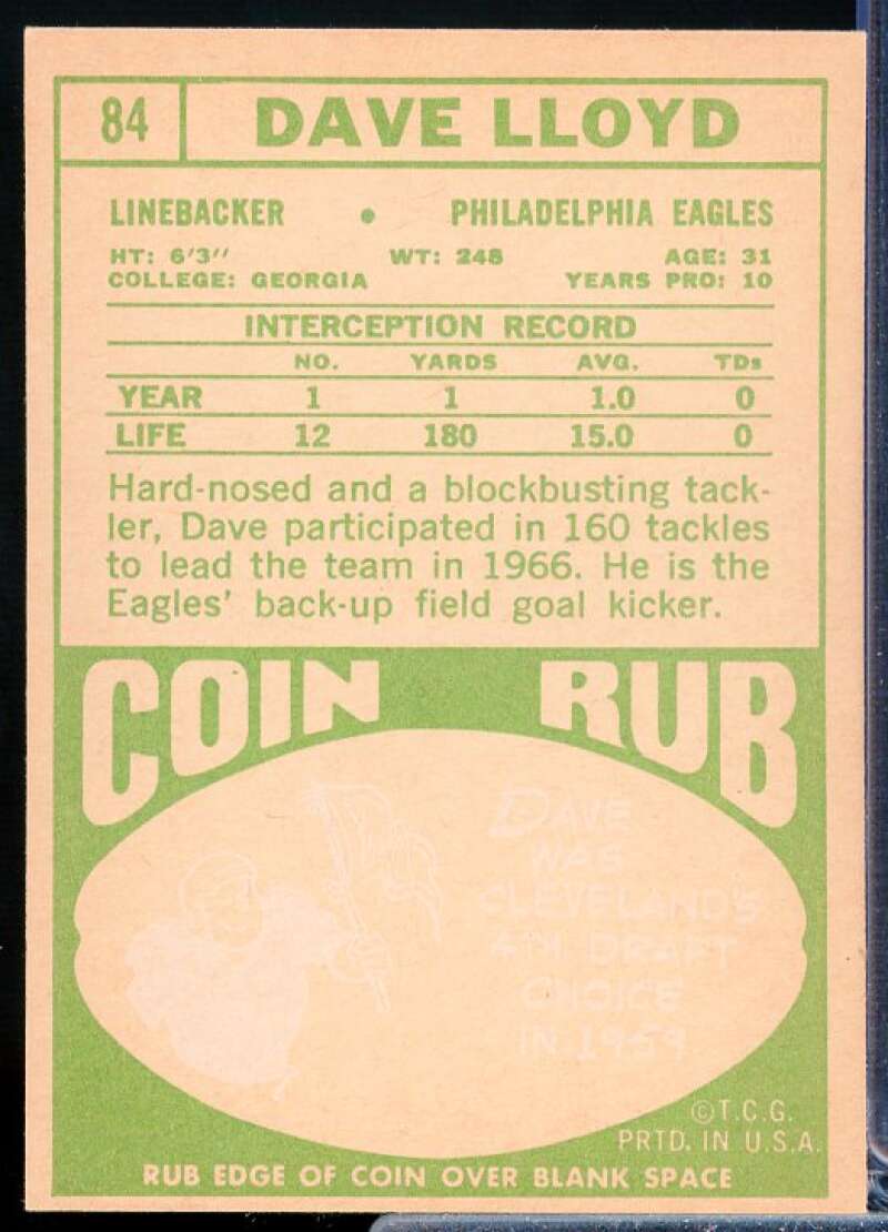 Dave Lloyd Card 1968 Topps #84  Image 2