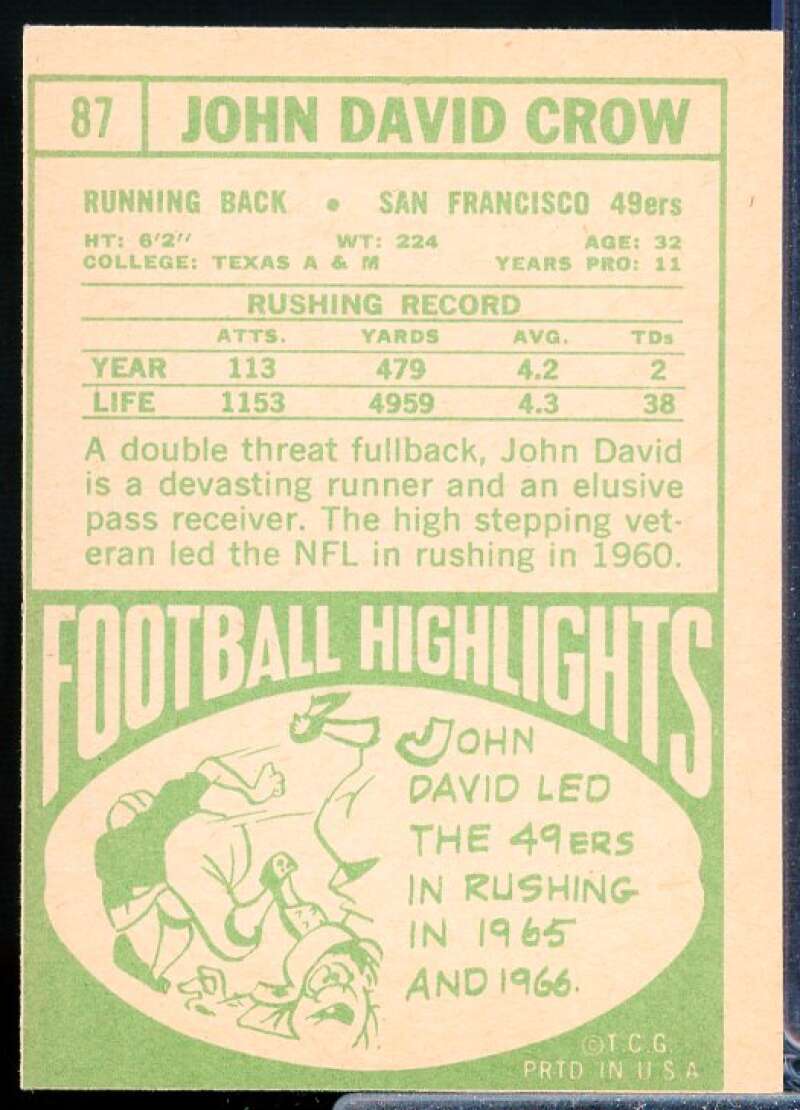John David Crow Card 1968 Topps #87  Image 2