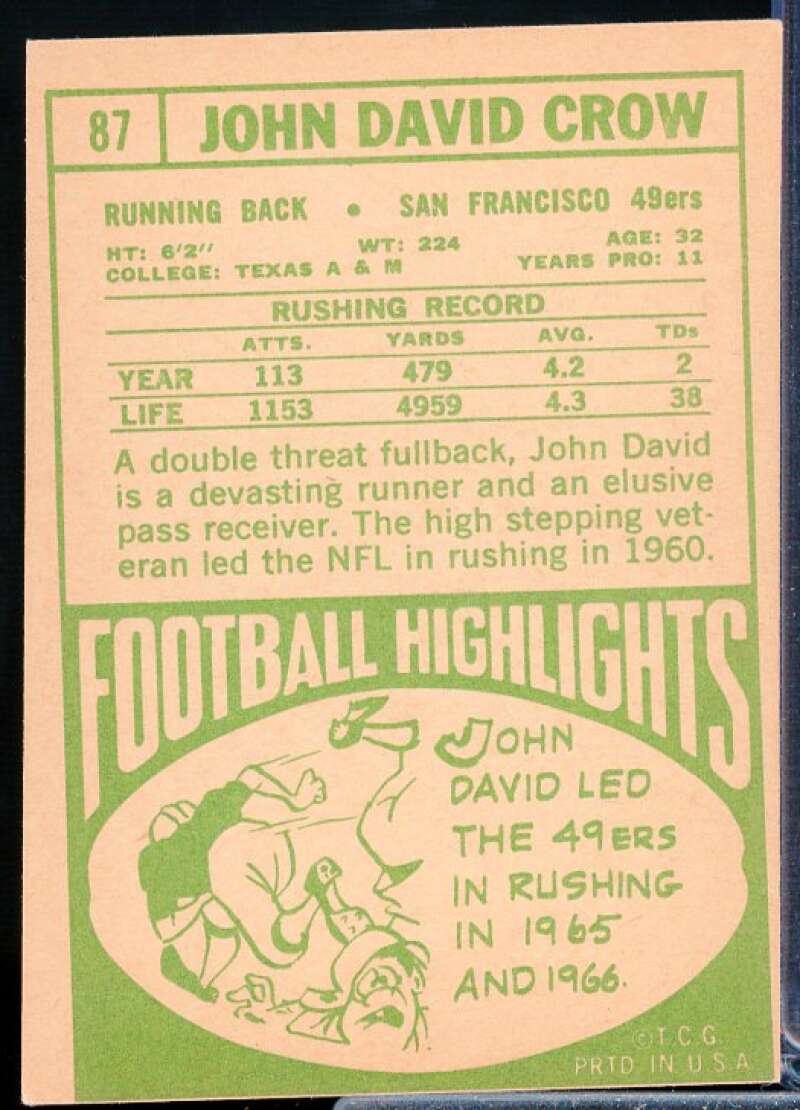 John David Crow Card 1968 Topps #87  Image 2