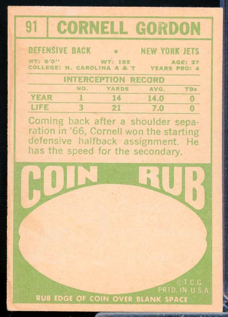 Cornell Gordon Rookie Card 1968 Topps #91  Image 2