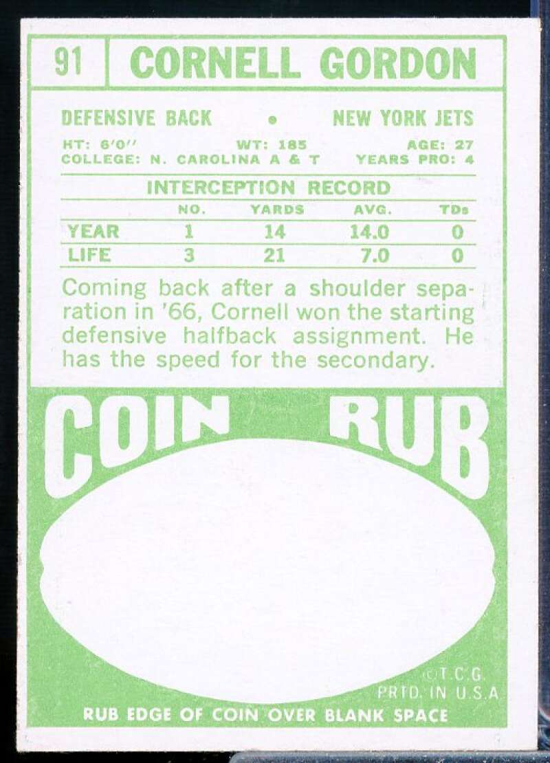 Cornell Gordon Rookie Card 1968 Topps #91  Image 2