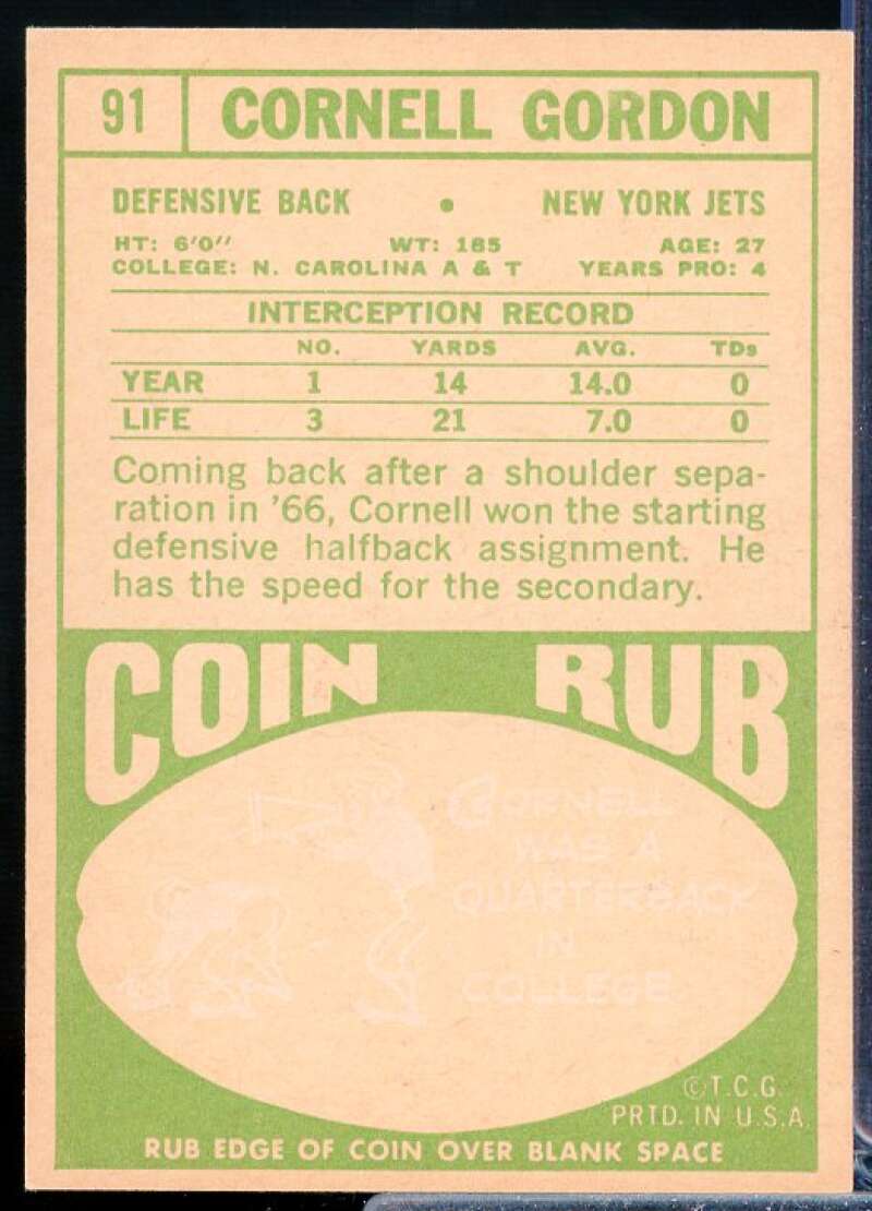 Cornell Gordon Rookie Card 1968 Topps #91  Image 2