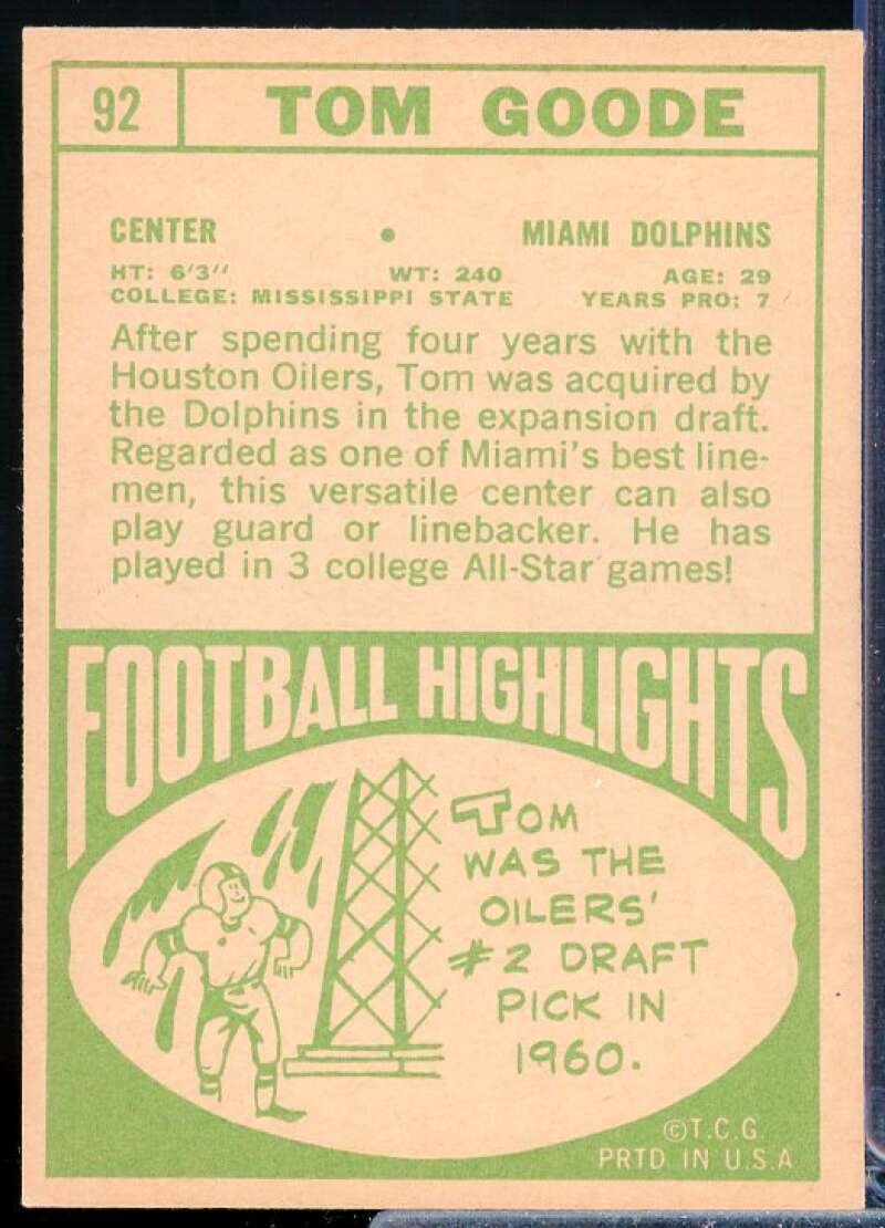 Tom Goode Card 1968 Topps #92  Image 2