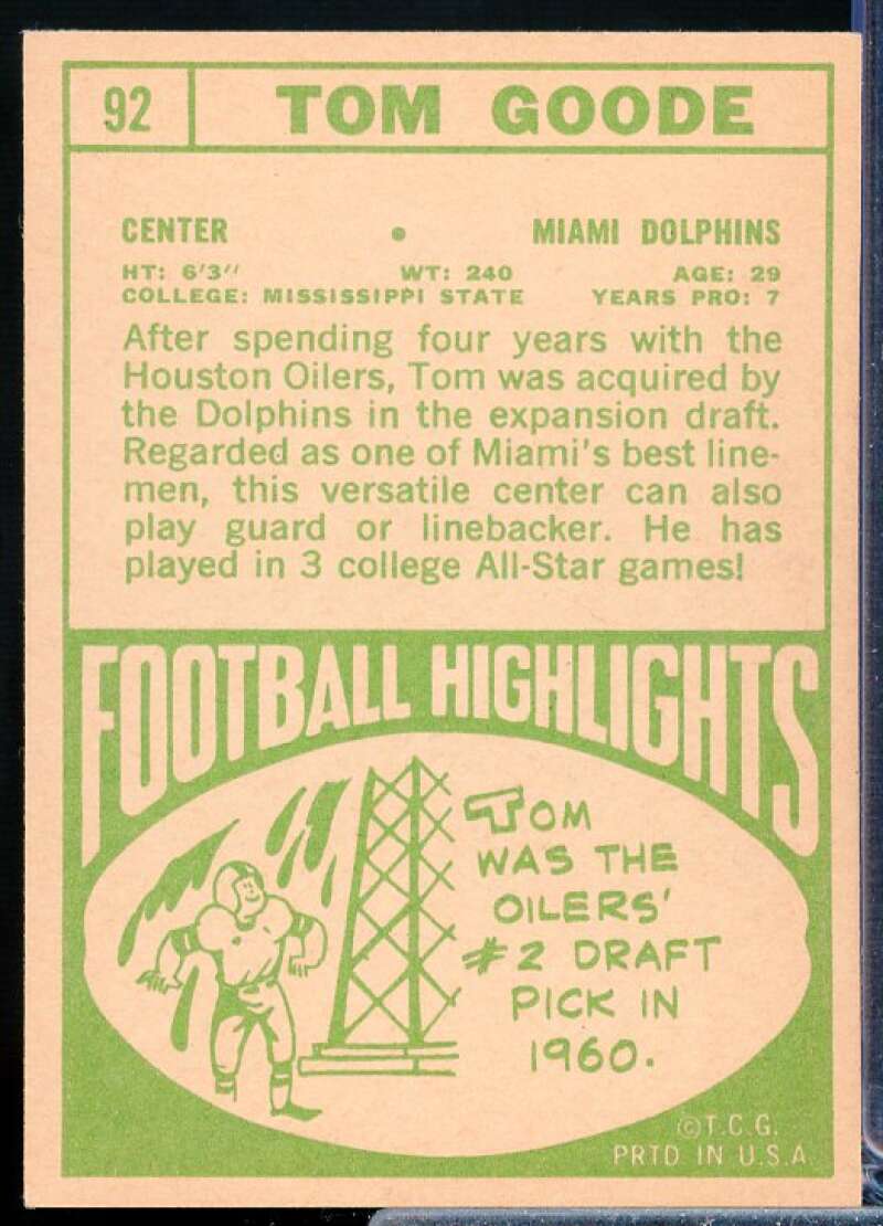 Tom Goode Card 1968 Topps #92  Image 2