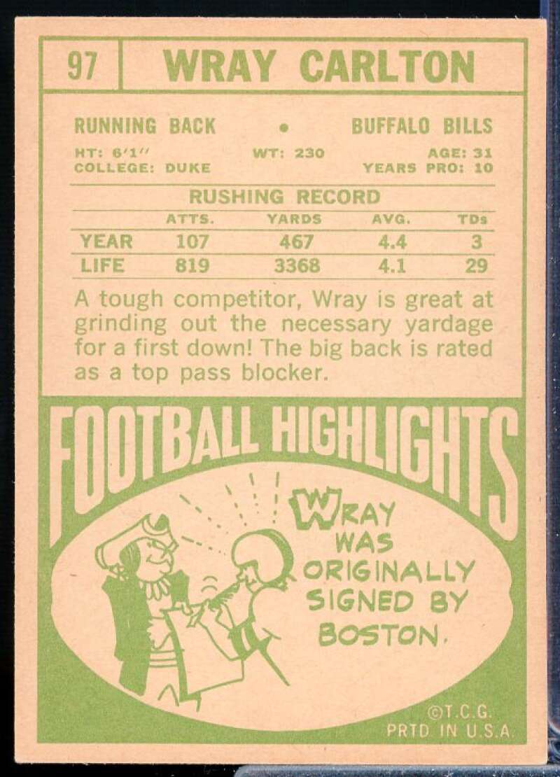 Wray Carlton Card 1968 Topps #97  Image 2