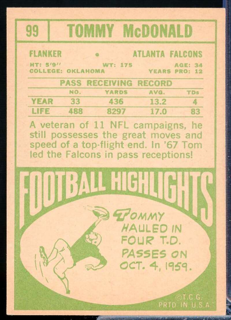 Tommy McDonald Card 1968 Topps #99  Image 2