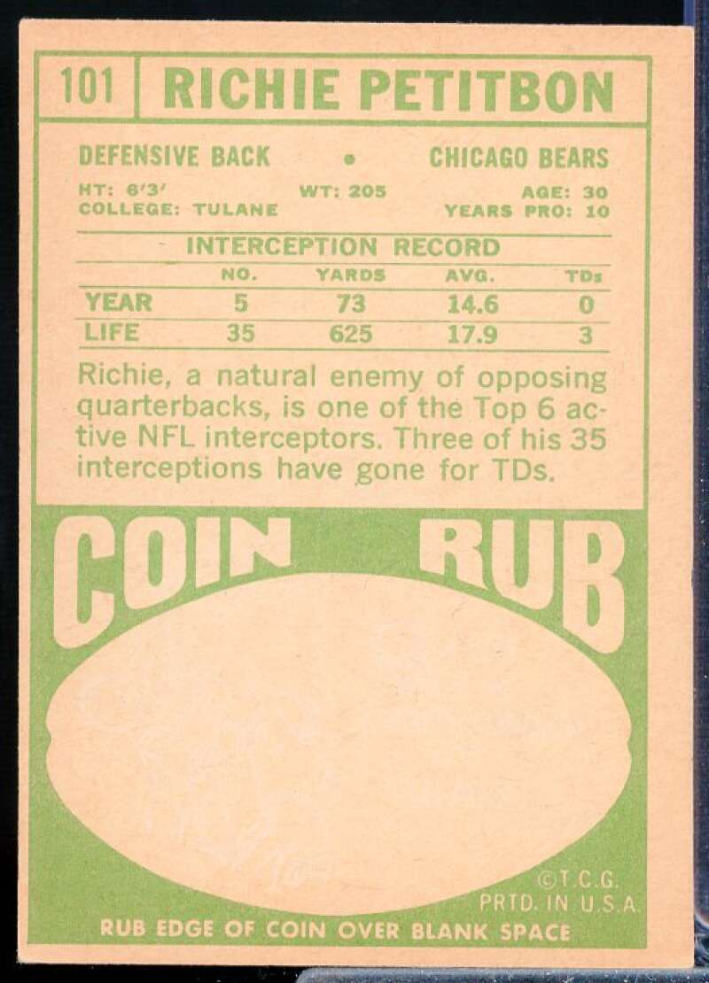 Richie Petitbon Card 1968 Topps #101  Image 2