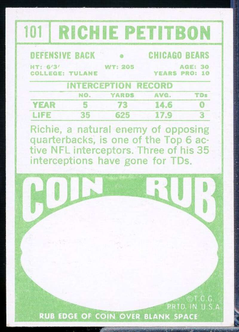 Richie Petitbon Card 1968 Topps #101  Image 2
