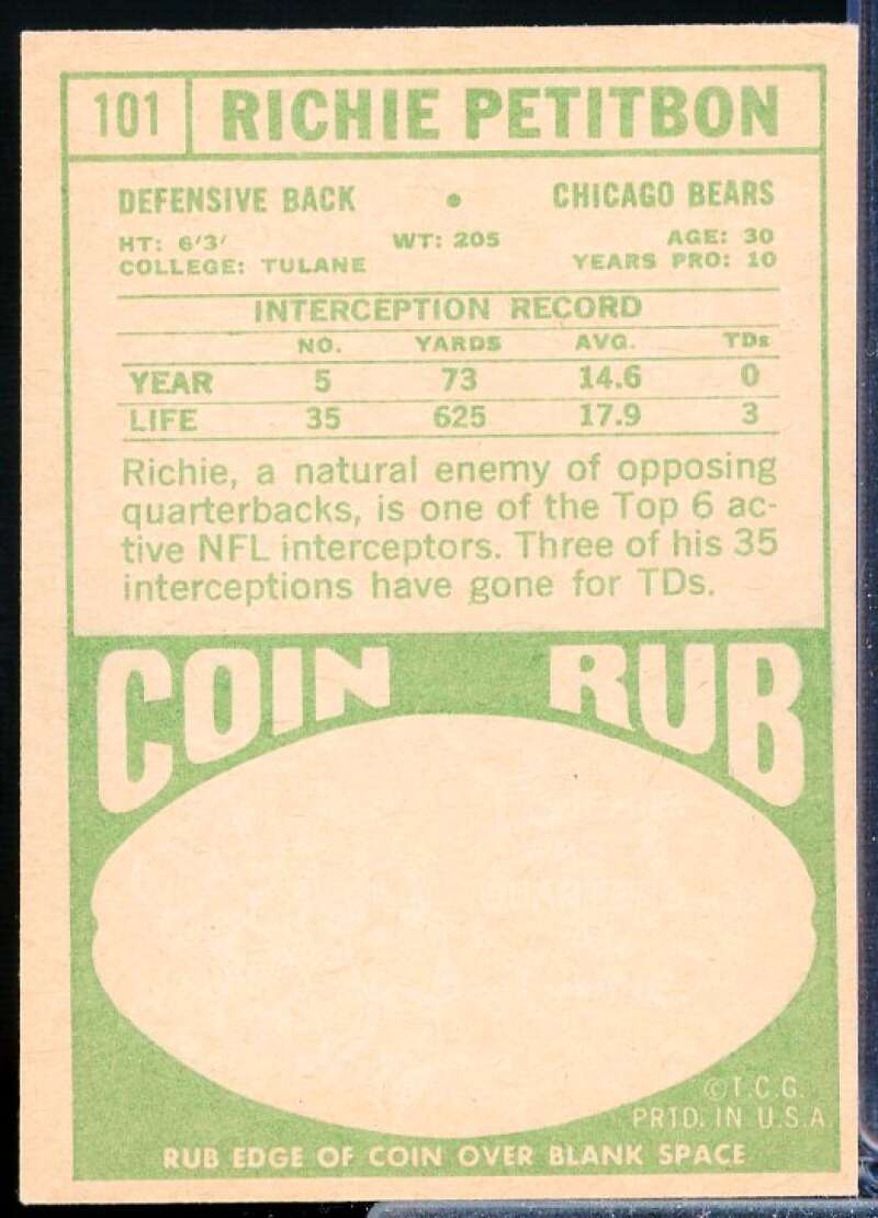 Richie Petitbon Card 1968 Topps #101  Image 2