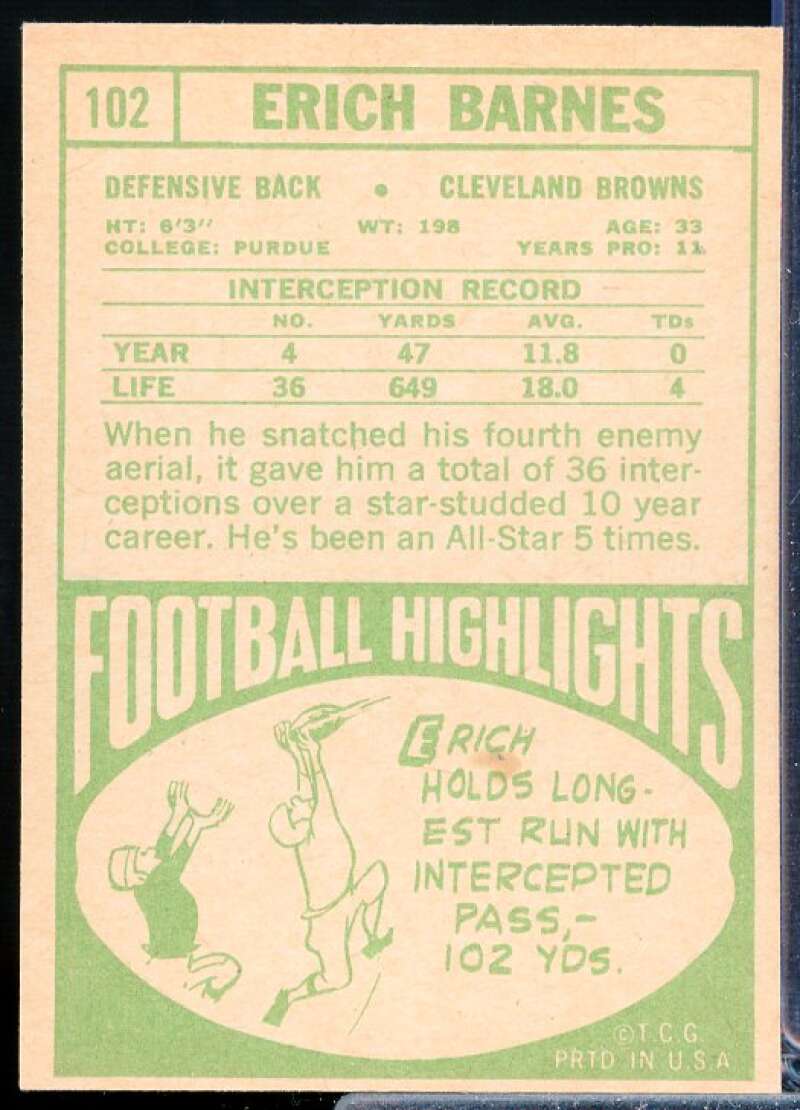 Erich Barnes Card 1968 Topps #102  Image 2