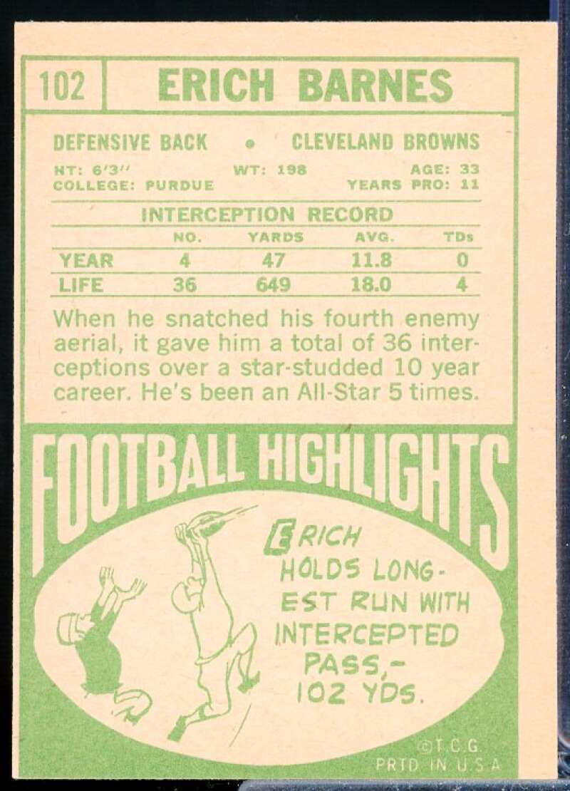 Erich Barnes Card 1968 Topps #102  Image 2