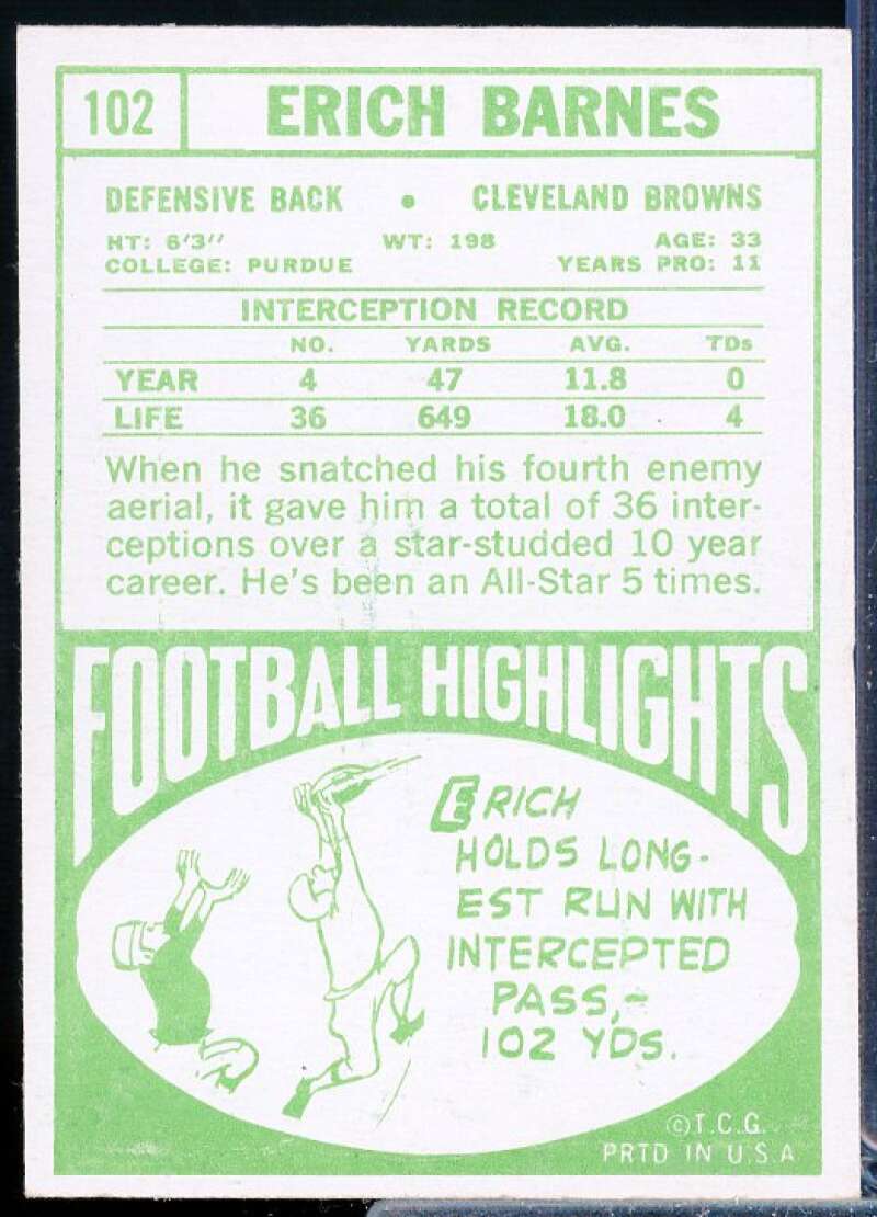Erich Barnes Card 1968 Topps #102  Image 2