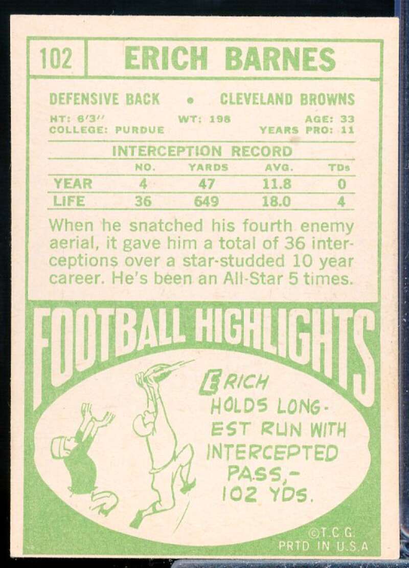 Erich Barnes Card 1968 Topps #102  Image 2