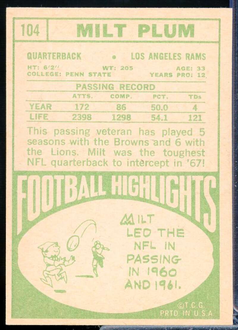 Milt Plum Card 1968 Topps #104  Image 2