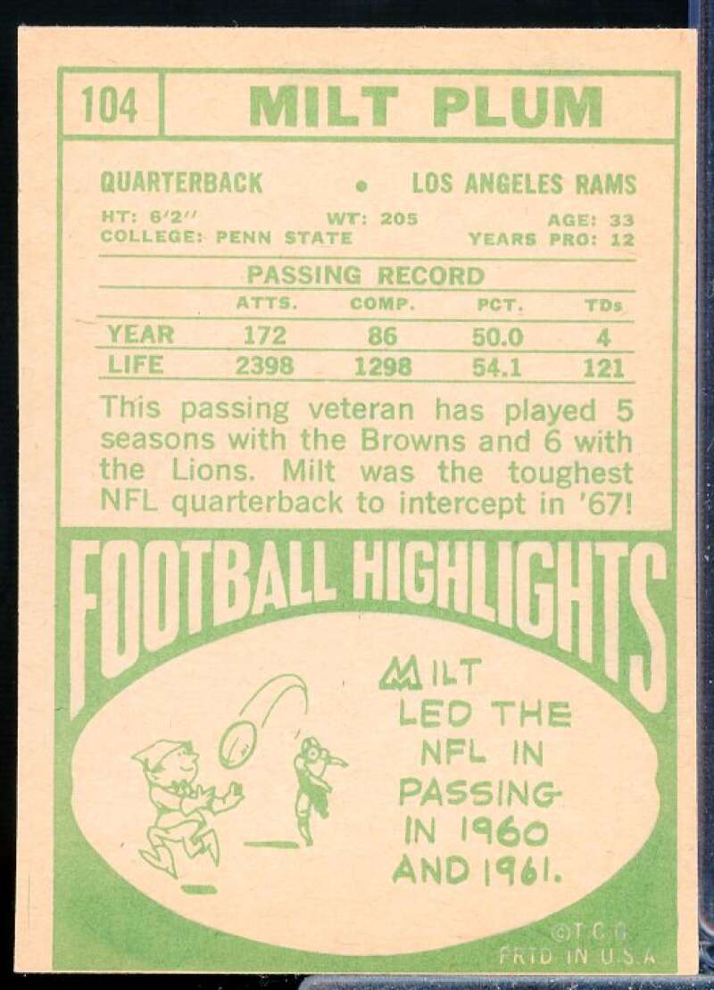 Milt Plum Card 1968 Topps #104  Image 2