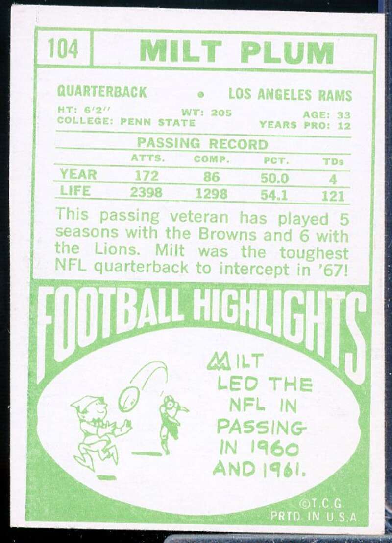 Milt Plum Card 1968 Topps #104  Image 2