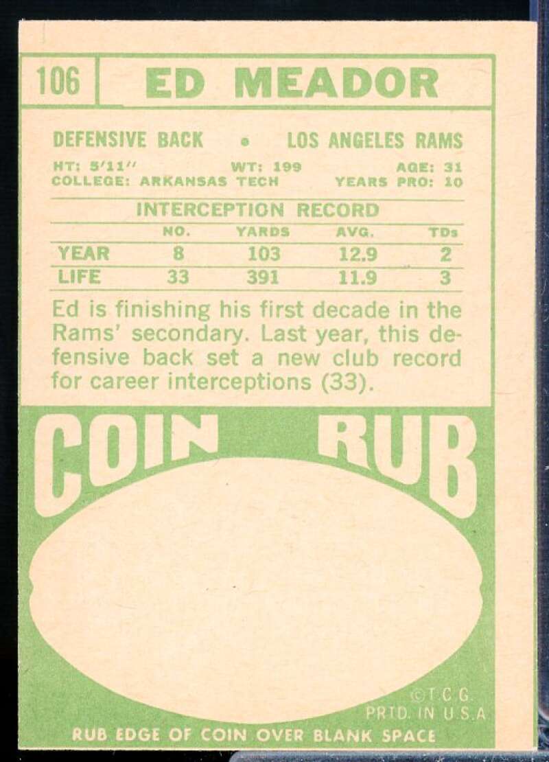 Ed Meador Card 1968 Topps #106  Image 2